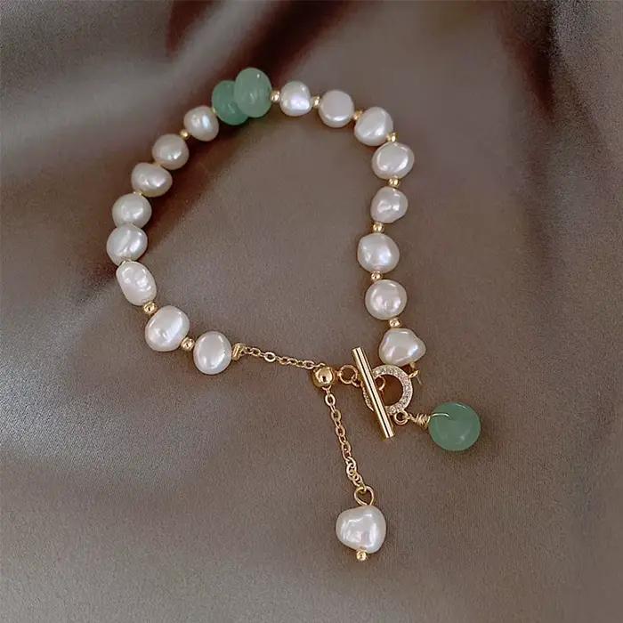 Promotion bijoux pour femmes 14K or rempli naturel perle d'eau douce et pierre de Jade dames bracelet à breloques cadeaux ne se décolore pas