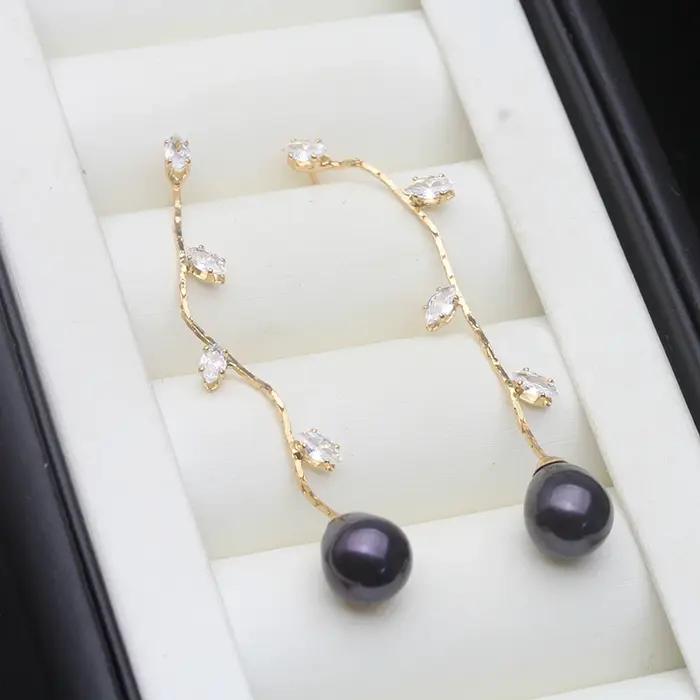 Boucles d'oreilles en perles d'eau douce cultivées plaquées or pour femmes, style classique, idéal pour les occasions spéciales, anniversaire, fête, blanc, rose, violet, gris, noir