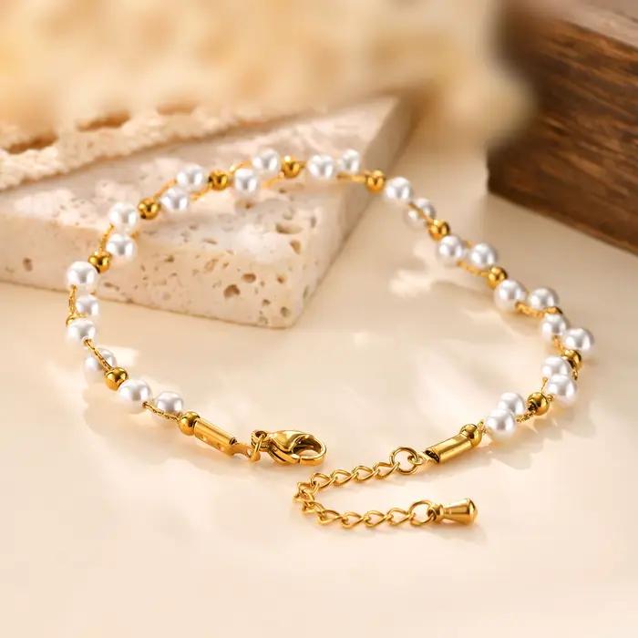 Bracelet de perles de luxe léger pour femmes, chaîne en acier inoxydable plaquée or 18 carats, bijoux quotidiens et cadeaux exquis pour occasions spéciales