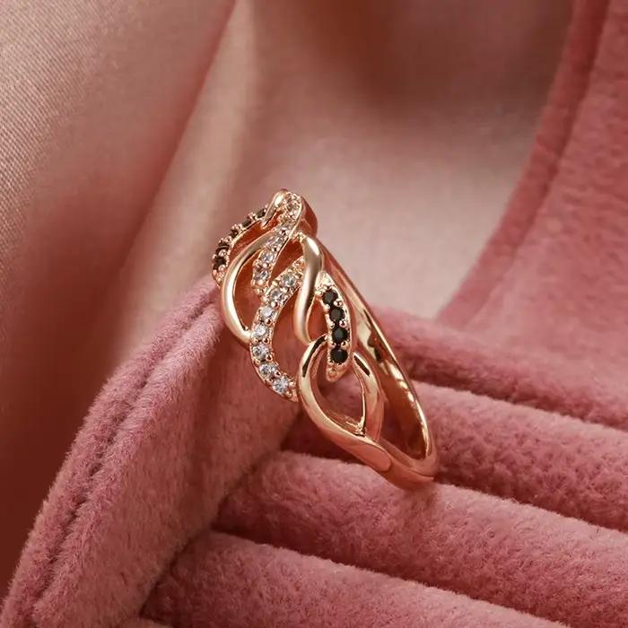 Bague en or rose 585 avec zircon noir naturel vintage pour mariage et occasions spéciales pour femmes