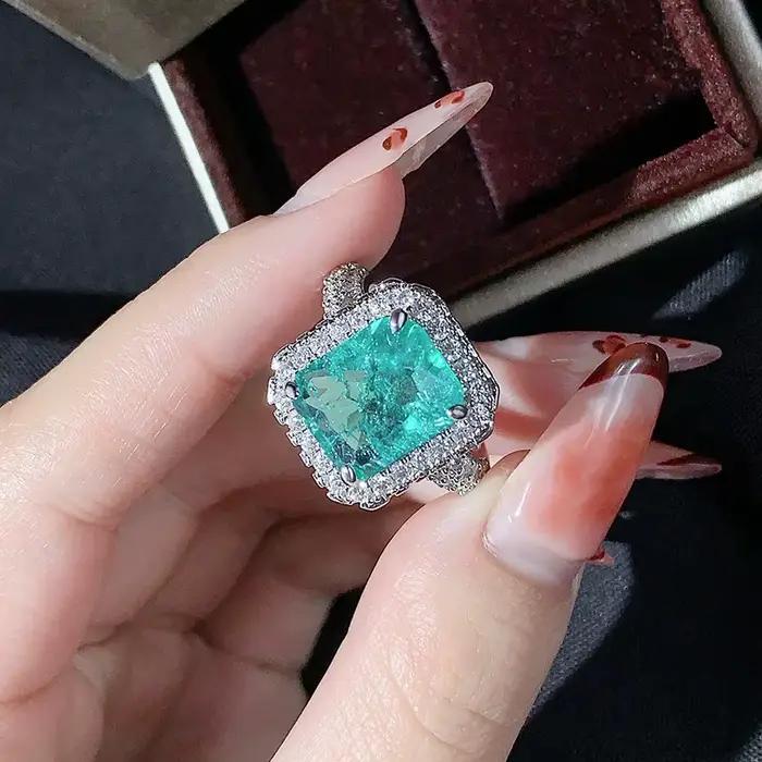 Nouveau Paraiba Imitation émeraude Tourmaline bague pour femmes 925 argent plein diamant ouverture b