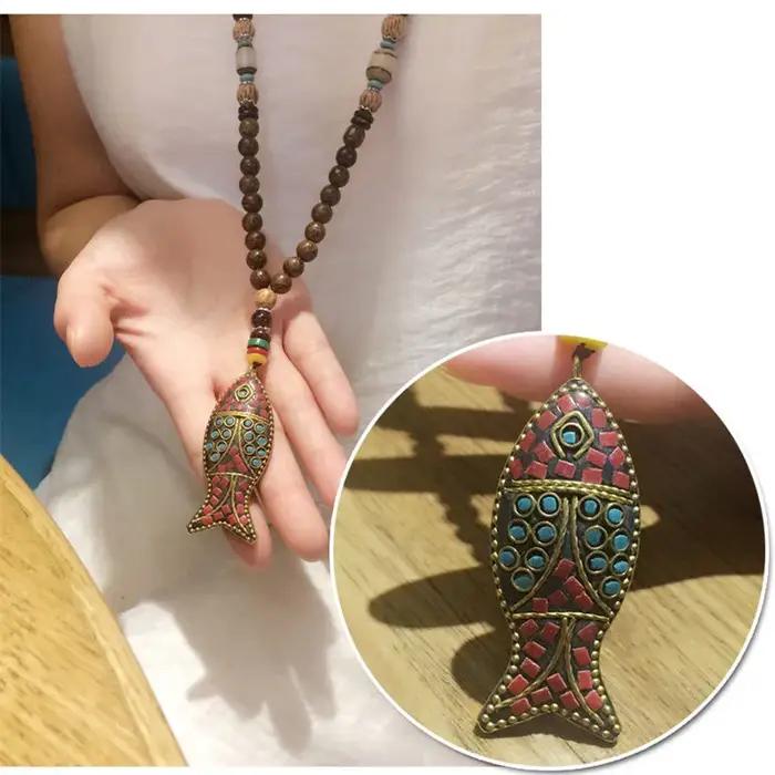 Collier Long Vintage en Perles de Bois Turquoise