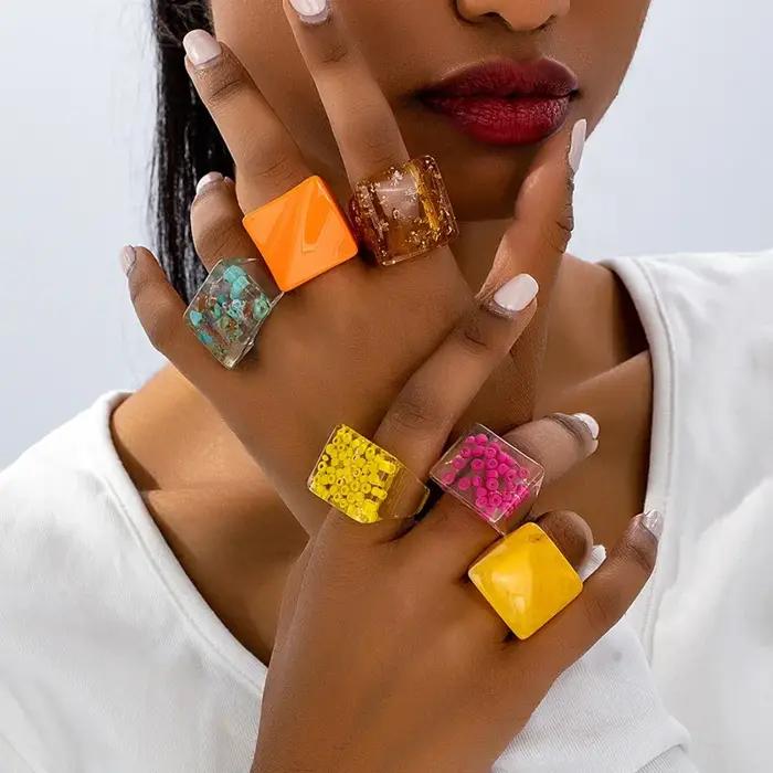 Bague en Resine Transparente Multicolore Geometrique Pour Femmes Occasions Speciales Cadeau De Fete