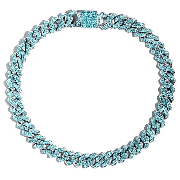 Collier chaîne cubaine pour hommes et femmes, chaîne à maillons sertie de strass bleus, bijoux hip-hop bling-bling