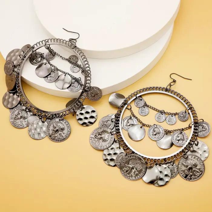 Boucles d'oreilles vintage tribales grand pendentif motifs géométriques bohèmes pour femmes occasions spéciales Halloween Noël cadeau fête