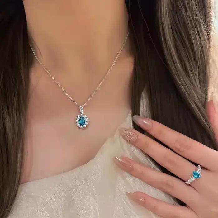 Pendentif en pierres précieuses incrustées de diamants en argent 925 pour femme, collier Paraiba brillant, bijoux exquis, mode rétro, luxe, bleu-vert
