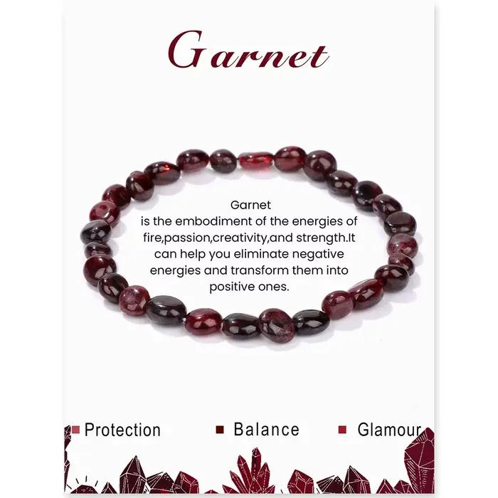 Bracelets de perles de grenat rouge naturel pour femmes et hommes, puce irrégulière, gravier, pierres de quartz rondes, avec carte, bijoux