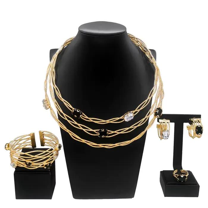 SYBathroom-Ensemble de Bijoux de Luxe pour Femme, Classique, Noir, Blanc, Strass, Plaqué Or, Collier