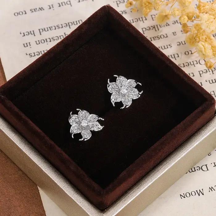 Charmante fleur 925 argent plaqué boucle d'oreille pour les femmes pavé brillant clair CZ mariage fiançailles bijoux déclaration accessoires