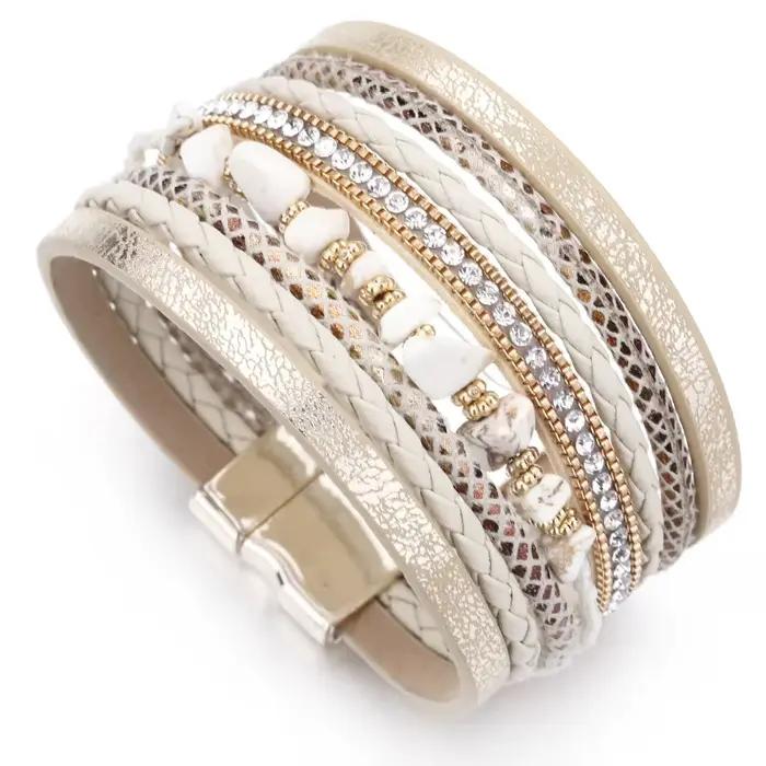 Amorcome Boho pierre naturelle Bracelets en cuir pour femme Vintage tressé corde large multicouche Wrap Bracelet hommes bijoux
