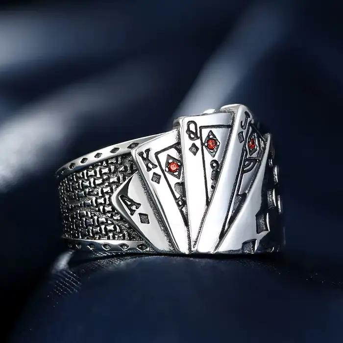 Bague de poker rétro Royal Flush pour hommes punk gothique rock hip hop annelé ouvert bijou de créateur unisexe artisanal occasion party
