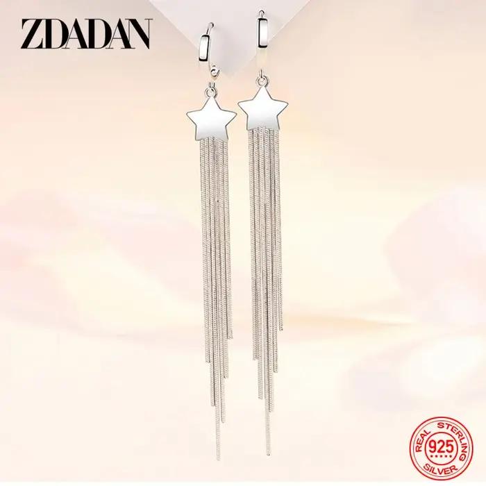 ZDADAN 925 en argent Sterling étoile à cinq branches frangée longues boucles d'oreilles pour les femmes mode fête cadeau de mariage
