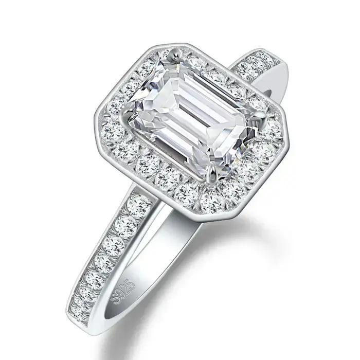 Bague de fiançailles LinkerLove en argent S925 avec moissanite taille émeraude 1 carat et halo de pi