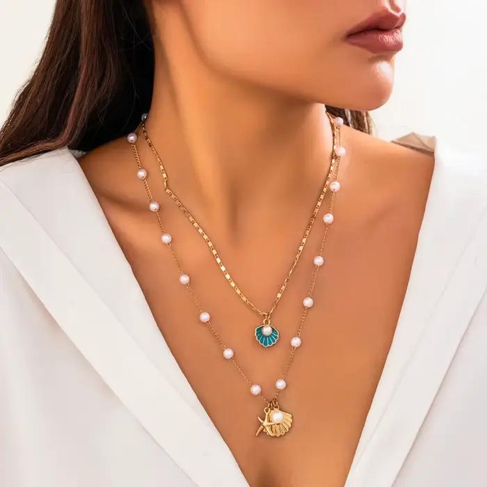 Collier en or pour femmes, couche de coquillage de mer, style Boho, été, coquillage, plage, étoile d