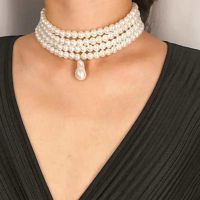 Collier ras du cou classique en perles rondes pour femmes