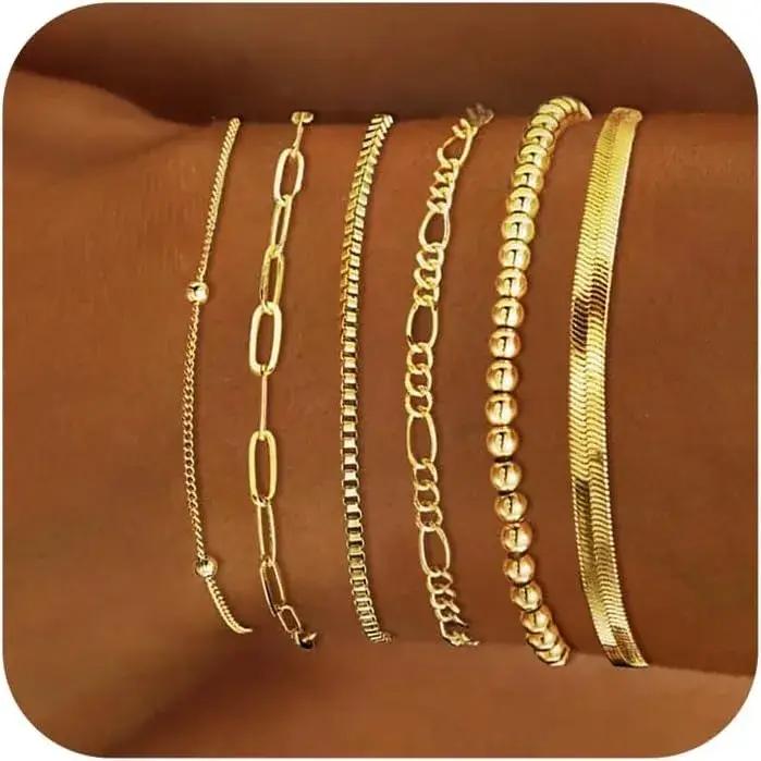 Ensemble de bijoux plaqués or 14 carats pour femme bracelets imperméables maillon cubain trombone vendange style moderne
