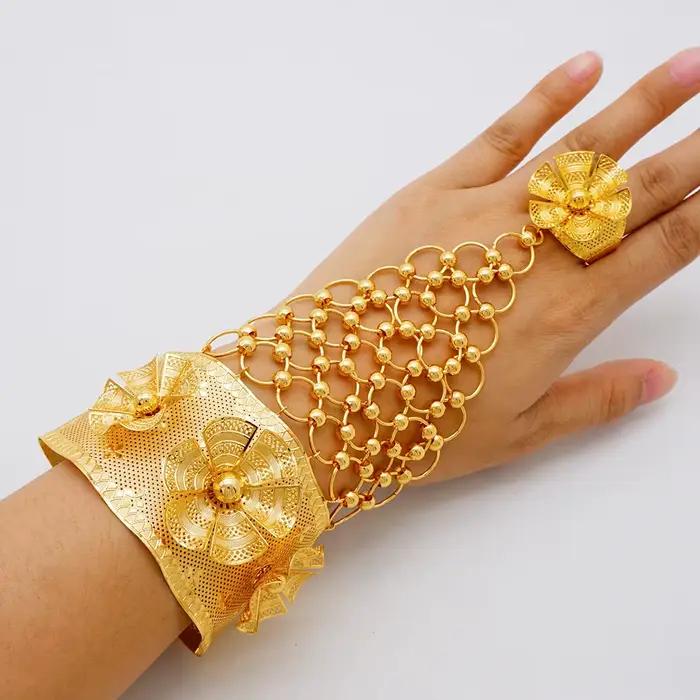 Bracelet couleur or dubaï avec bague pour femmes, grand Bracelet plaqué or 24 carats, afrique, inde, maroc, cadeau de fête de mariage