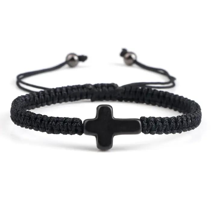 Bracelet croix de jésus tissé à la main pour hommes et femmes, fil rouge noir tressé, porte-bonheur,