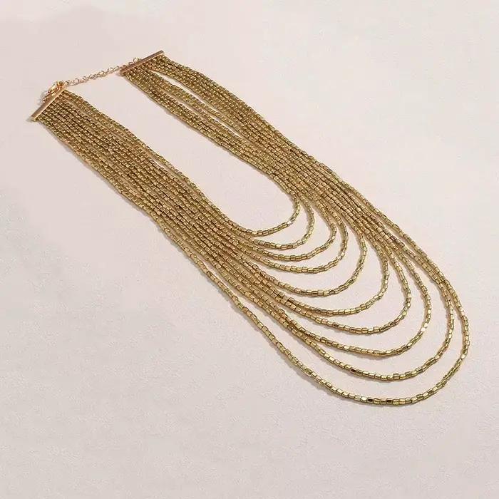 Collier bohème multi-couches en résine perlée pour femmes, idéal pour les fêtes et le quotidien, design mignon romantique, motifs géométriques, chaîne de maillons, acier couleur, rouge marron