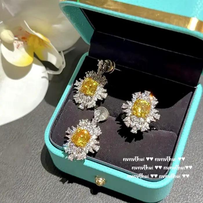Ensemble de bijoux de mariage en diamant écrasé, coupe princesse, tempérament de luxe, plaqué or blanc 14K, bague redimensionnable, boucles d'oreilles, cadeaux, 3 pièces/ensemble