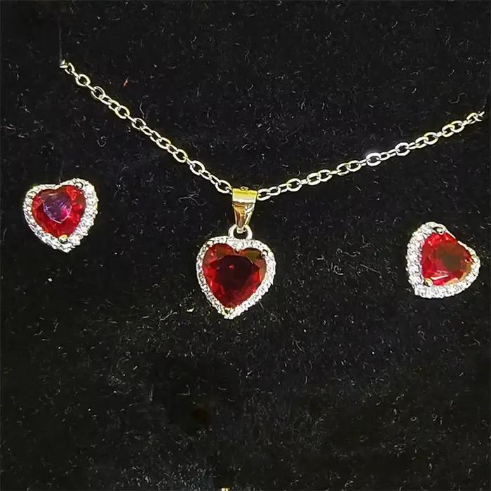 CC – ensemble de bijoux en forme de cœur pour femmes, pierre de zircone rouge plaquée or blanc, pend