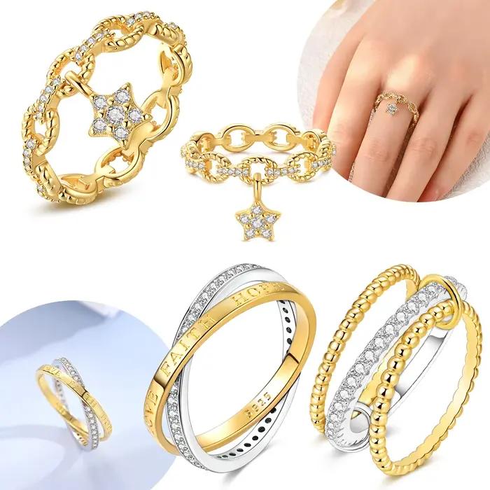 Bague empilable en argent plaqué or avec chaîne à maillons dorés