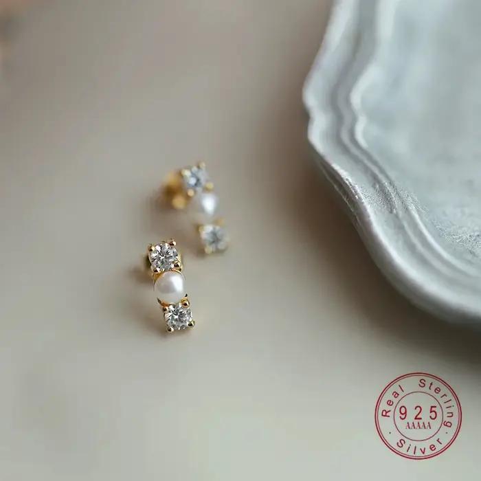 Clous d'oreilles en argent Sterling 925 avec perle et Zircon pour femmes occasions spéciales élégantes minimalistes