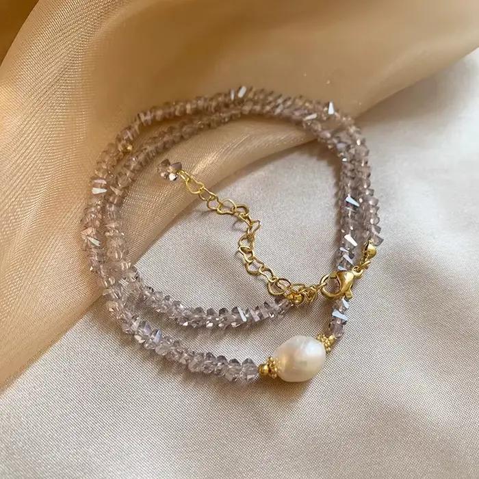 Collier de perles d'eau douce élégantes pour femmes, bijoux féminins remplis d'or 14 carats, perle et cristal naturels, cadeaux bon marché, nouvelle arrivée