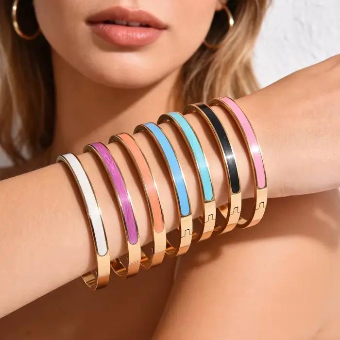 Bracelet jonc tendance en émail coloré pour femme, en acier inoxydable plaqué or, étanche et empilable