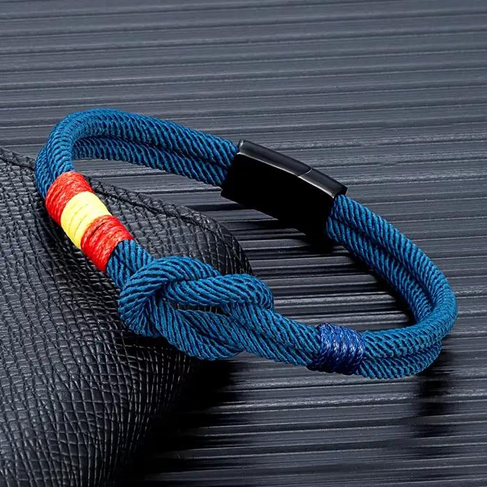 Bracelet drapeau espagnol – Corde double couche tissée à la main avec boucle magnétique en acier inoxydable noir, bijoux de couple pour hommes et femmes