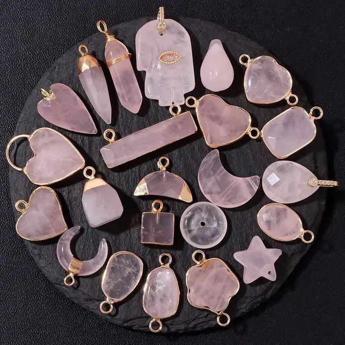 Pendentif en quartz rose pour femme, breloque en cristal, cœur, nar, étoile, pierre, collier, bracelet, boucles d'oreilles, bijoux à bricoler soi-même, 2 pièces par lot