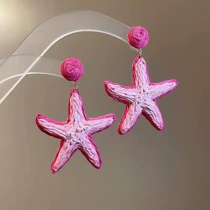 Boucles d'oreilles pendantes en raphia tressé pour femme, motif étoile de mer et fleur, bijoux d'ore
