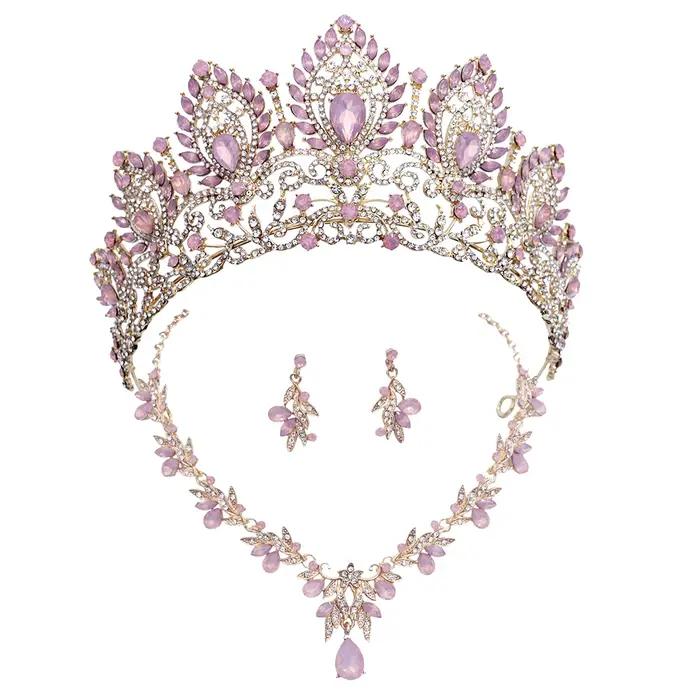 Ensemble de bijoux de mariée rose opale, diadème, collier ras du cou, boucles d'oreilles pour robe d