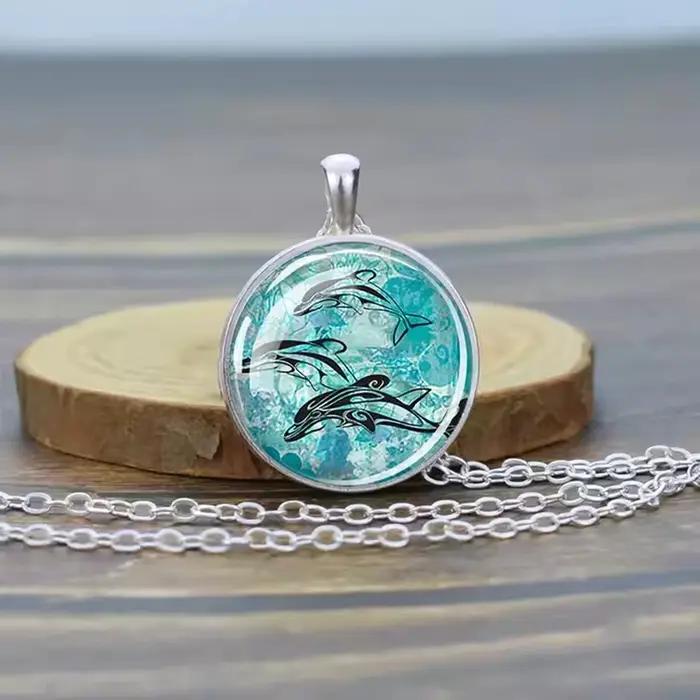 Collier Animal marin tortue de mer étoile de mer dauphin hippocampe conque requin longue chaîne dôme en verre pendentif été plage mode