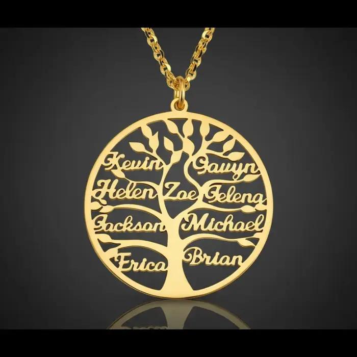 Collier personnalisé Arbre de Vie avec prénoms acier inoxydable plaqué or 18k cadeau pour mère enfants membres de la famille occasions spéciales