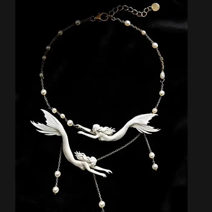 Collier double sirène, perles baroques naturelles, style rétro élégant, chaîne de clavicule, collier