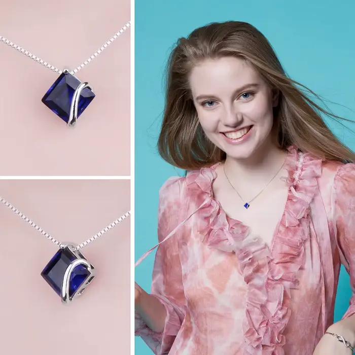 JewelpopPalace-Collier pendentif carré en saphir bleu pour femme, pierre précieuse, bijoux fins, argent regardé 925, 3,3 ct, No JOJ