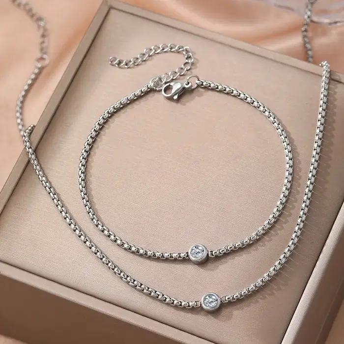 Ensemble de bracelet et collier en acier inoxydable rond à cristaux simples