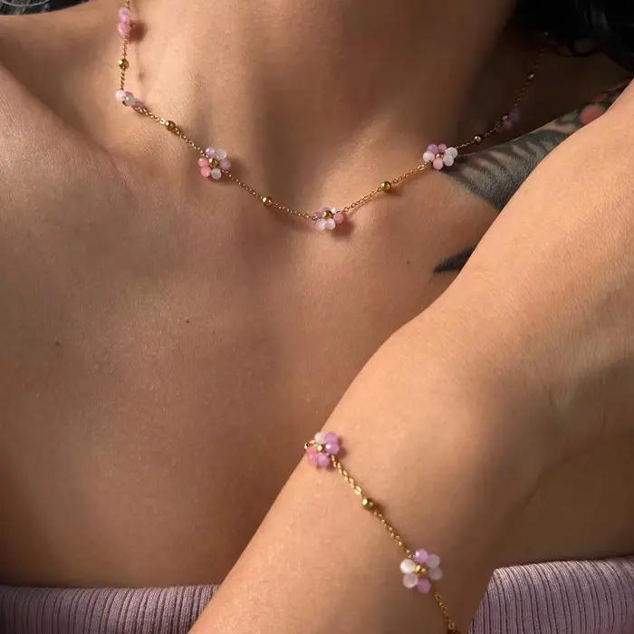Bracelet de cheville en acier inoxydable plaqué or 18 carats étanche pour femme, bracelet de rinçage, fleur rose colorée, bijoux Boho d'été
