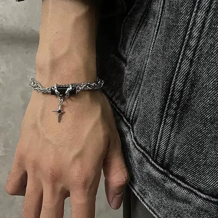 Bracelet en acier inoxydable chaîne maillons motif géométrique rétro style punk pour hommes et femmes