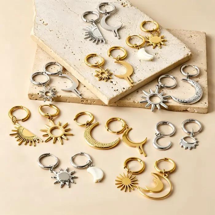 1 paire de boucles d'oreilles asymétriques soleil et lune de haute qualité, en acier inoxydable plaqué or véritable, bijoux de piercing pour femmes et hommes, cadeau tendance