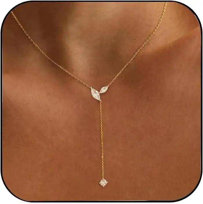 Long collier en or pour femme - Collier délicat en or 14 carats avec zircon cubique en forme de Y et