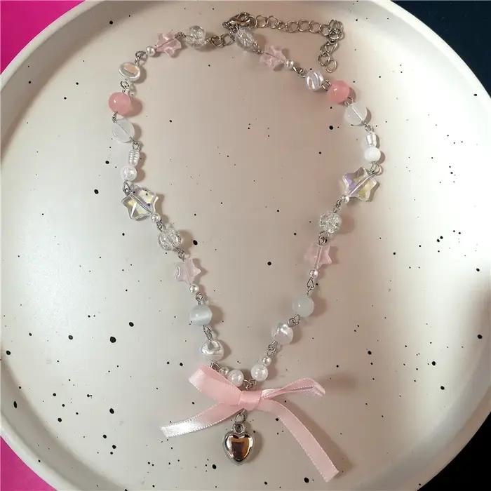 Chapelet coeur arc Fairycore perles tour de cou rose dentelle collier Y2K Pixie
