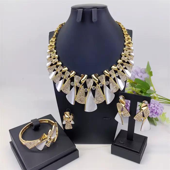 Ensemble de bijoux italien bicolore en or plaqué pour femmes, collier/boucles d'oreilles/bague/bracelet, mariage et fiançailles