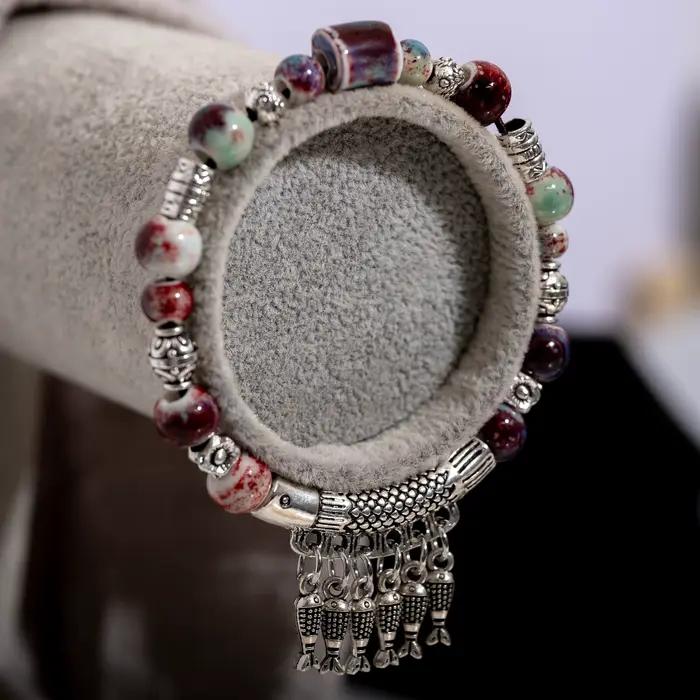 Bracelet élastique fait à la main avec perles en céramique et pendentif poisson en alliage, bijoux de Style ethnique S03-178