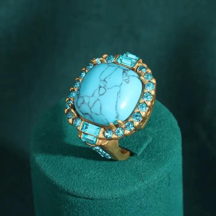 Bague Turquoise Art Déco vintage | Plaqué or 18 carats et cuivre | Conception de pierre sertie de broches