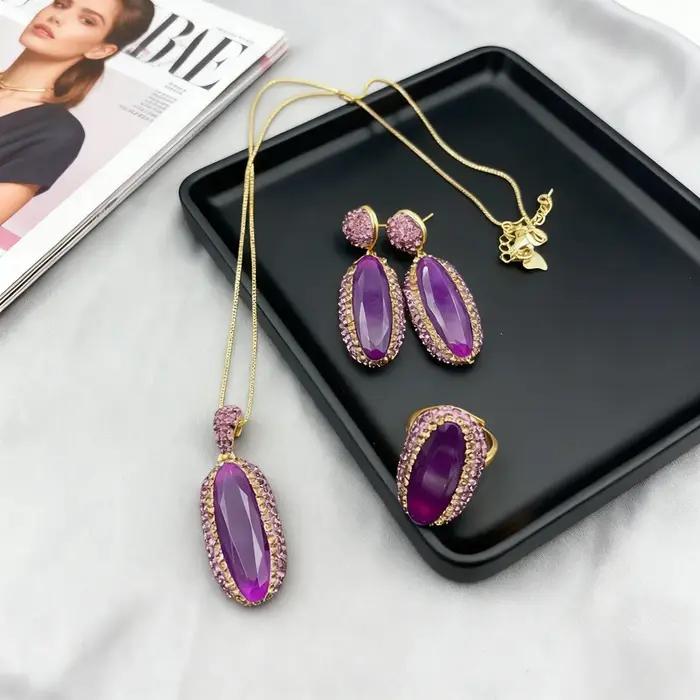 Ensemble de bijoux vintage en jade malais violet plaqué or pour femmes, coquille, strass, collier, boucles d'oreilles, bague, mariage, fête, cadeau anniversaire