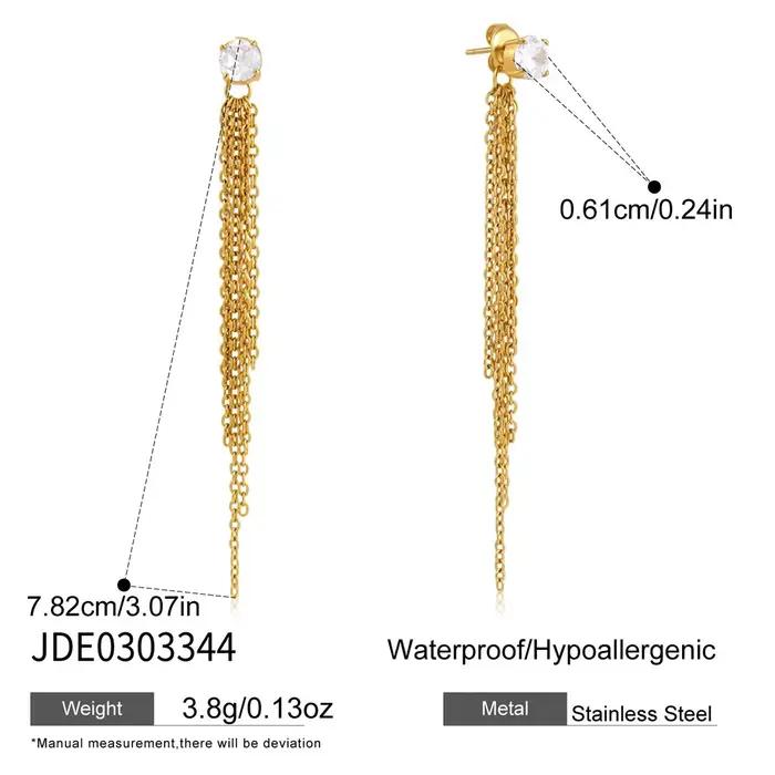 Boucles d'oreilles pendantes Zora en acier inoxydable plaqué or 18 carats PVD avec zircon et pompon