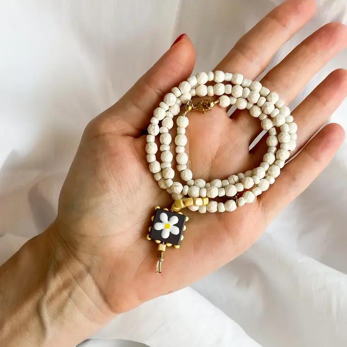 Collier de perles turquoise blanches françaises européennes et américaines, pendentif en verre en fo