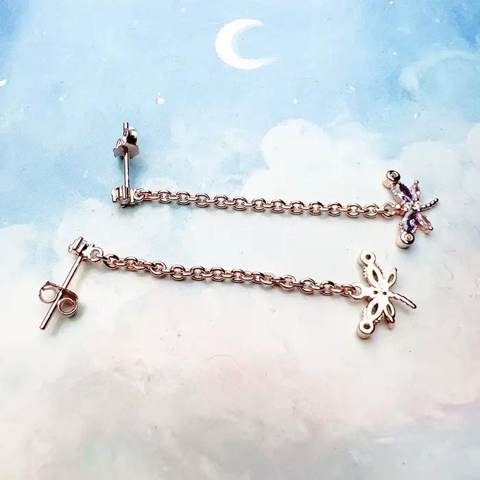 Libellule avec pierres boucles d'oreilles en or Rose, bijoux fins européens pour femmes, tout nouveau cadeau mignon en argent Sterling 925